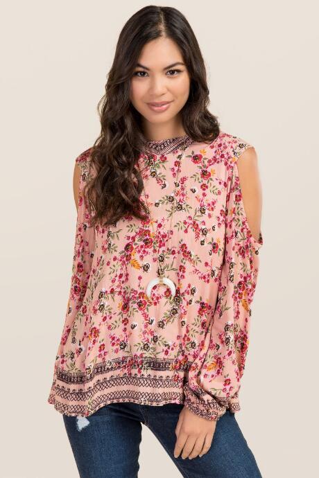Blue Rain Darla High Neck Floral Cold Shoulder Top - Pink