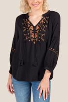 Francesca Inchess Lilly Contrast Embroidery Tassel Blouse - Black