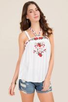 Blue Rain Cambree Rose Embroidered Y Neck Tank - White