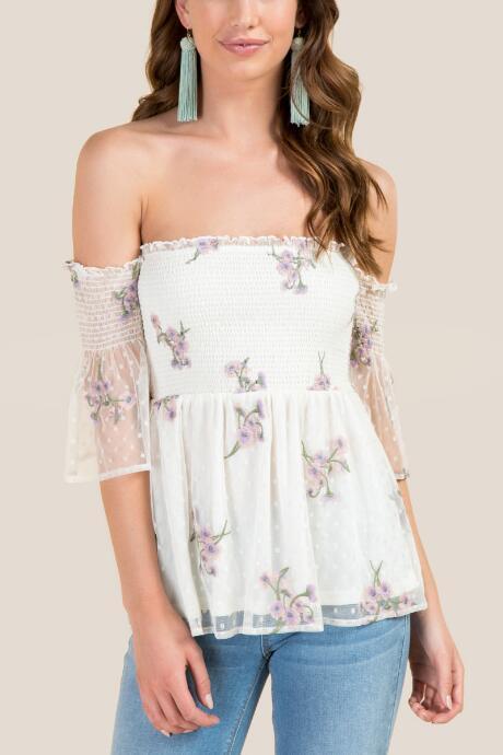 Francesca's Vivianne Mesh Smocked Floral Top - Ivory