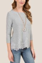 Francesca's Ginny Brushed Hacci Lace Hem Top - Heather Gray