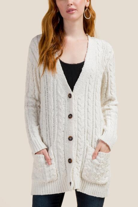 Francesca's Jordan Chenille Button Cardigan - Ivory