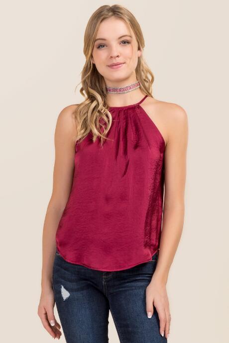Miami Shia Hammered Satin High Neck Pleated Tank - Wine
