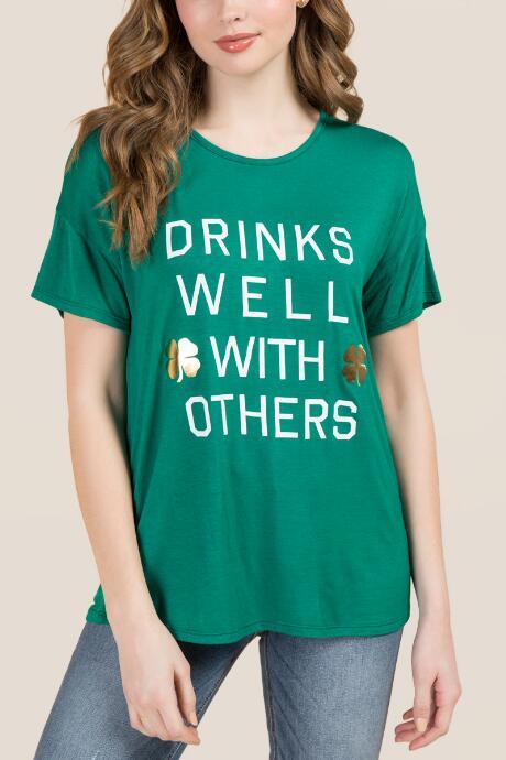Francesca's Drinks Well With Others Graphic Tee - Green
