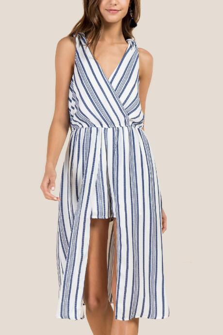 Francesca's Finley Surplus Striped Maxi Romper - Oxford Blue