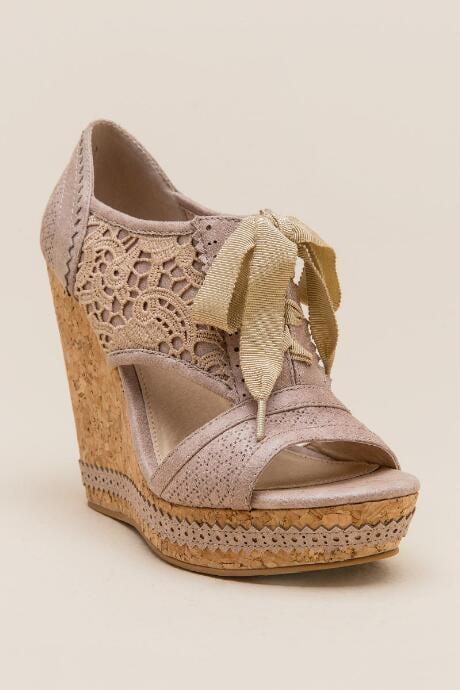 Francesca Inchess Addilyn Lace-up Crochet Cork Wedge - Cream