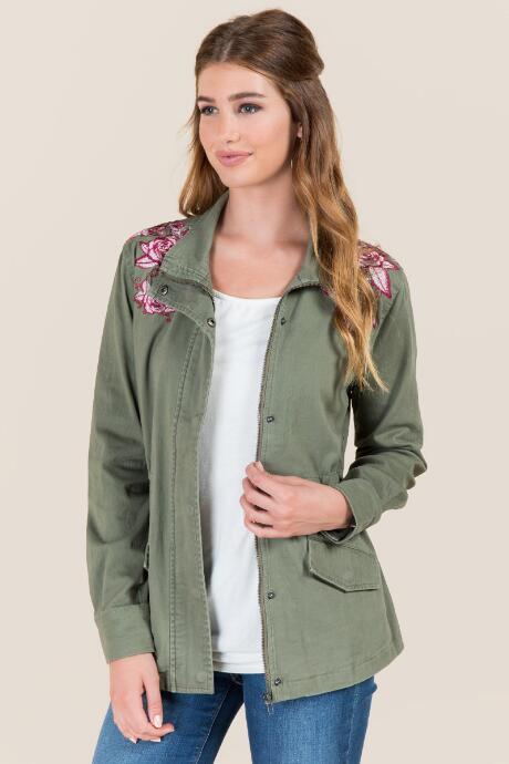 Francesca Inchess Kit Floral Embroidered Shoulder Military Jacket - Dark Olive
