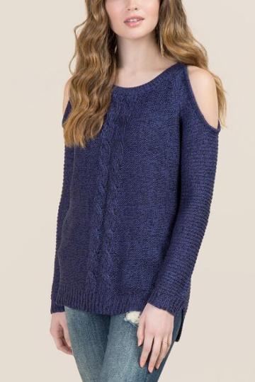 Alya Kate Cold Shoulder Cable Pullover Sweater - Navy