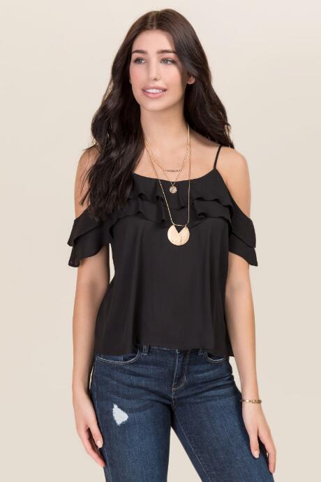 Lush Francine Double Ruffle Cold Shoulder Tank - Black