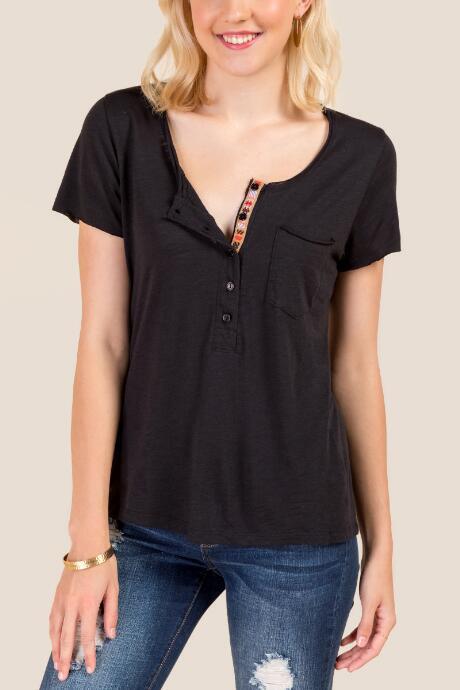 Francesca Inchess Ali Aztec Border Trim Pocket Tee - Black