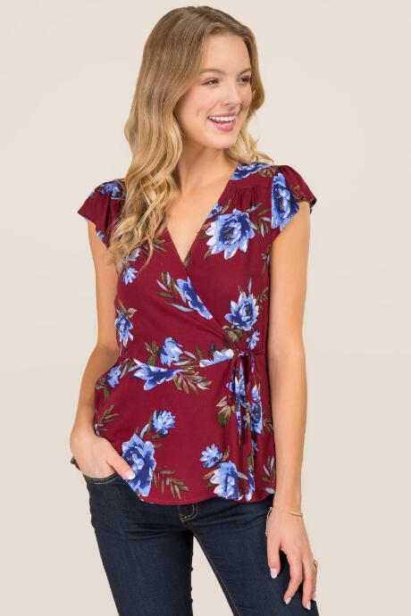 Blue Rain Alka Floral Wrap Blouse - Wine