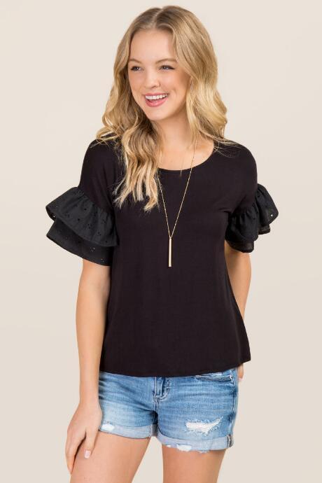 Alya Dolley Double Eyelet Ruffle Knit Tee - Black