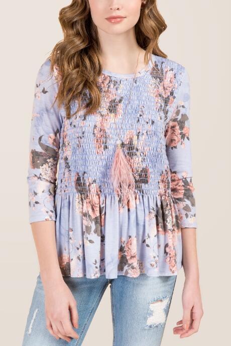 Francesca's Cassie Smocked Floral Peplum Top - Oxford Blue
