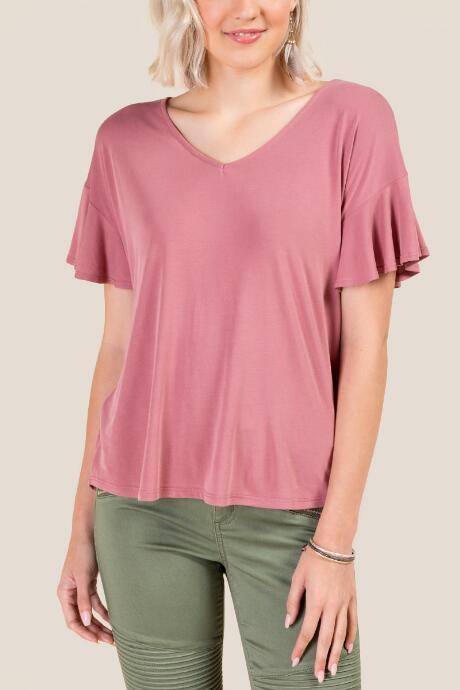 Francesca's Kara Ruffle Sleeved Basic Top - Rose