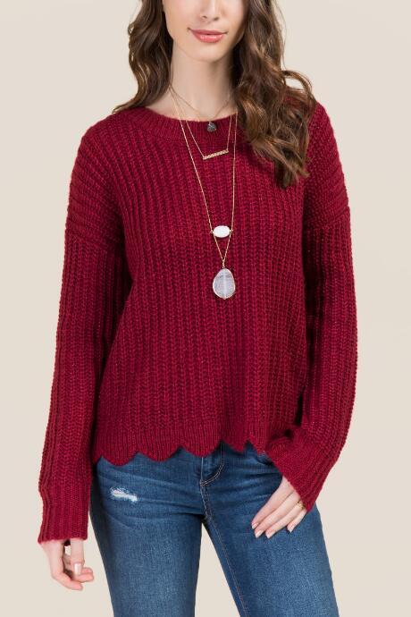 Francesca's Marla Lurex Scalloped Hem Sweater - Burgundy