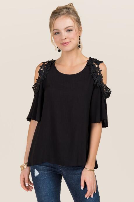 Blue Rain Alissa Crochet Cold Shoulder Linen Top - Black