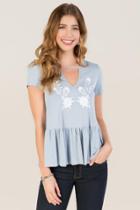 Teenplo Abi Embroidered Gigi Drop Waist Peplum Blouse - Oxford Blue