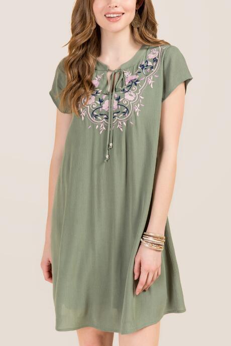 Francesca's Sunday Tie Front Embroidered Shift Dress - Dark Olive