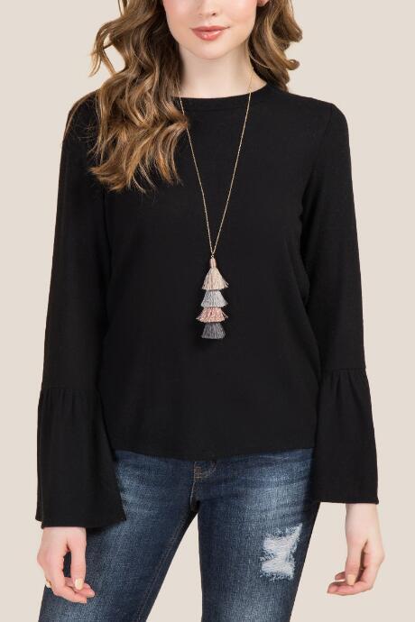 Francesca's Randi Extreme Bell Sleeve Hacci Top - Black