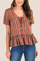 Francesca's Sia Striped Lace Up Blouse - Cinnamon