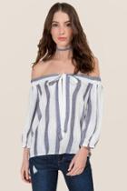 Blue Rain Anma Striped Tie Front Off The Shoulder Top - White