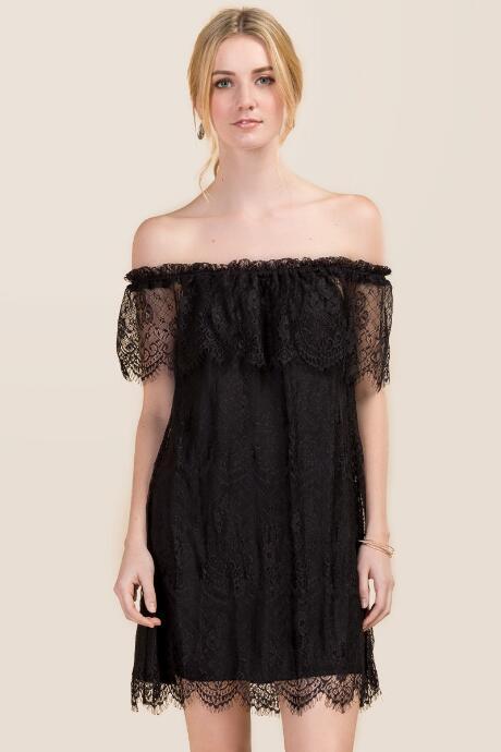 Francesca's Lacey Off The Shoulder Shift Dress - Black