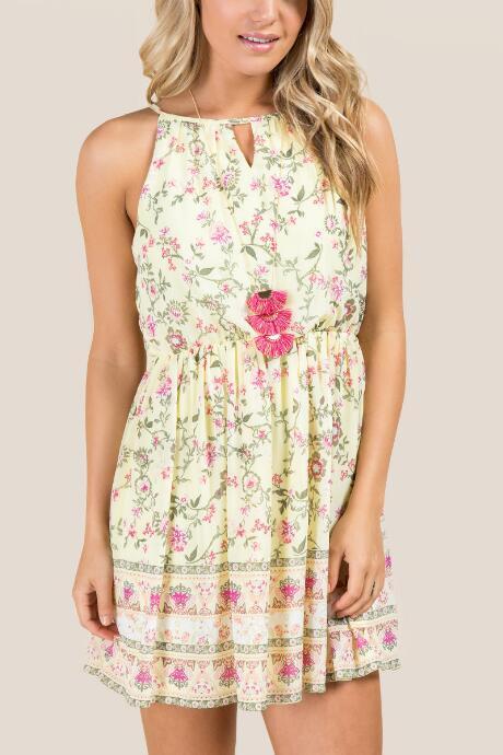 Francesca's Pippa Keyhole Neck Floral Border A-line Dress - Lemonade