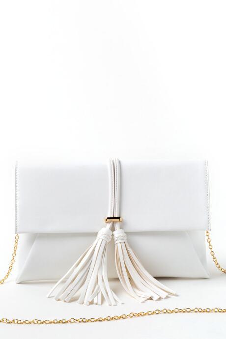 Francesca's Gabby Classic Tassel Envelope Clutch - White
