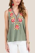 Francesca's Camille Floral Embroidery Top - Dark Olive