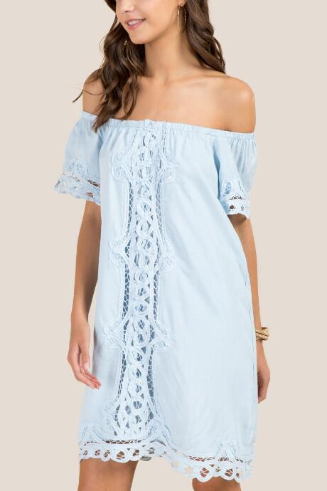 Francesca's Blair Off The Shoulder Crochet Shift Dress - Light Blue