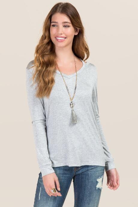 Jolie Clothing, Inc. Simone Long Sleeve Cut Out Basic Tee - Heather Gray