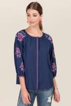 Lets Go Apparel, Inc. Kimberly Cross Stitch Embroidered Floral Blouse - Navy