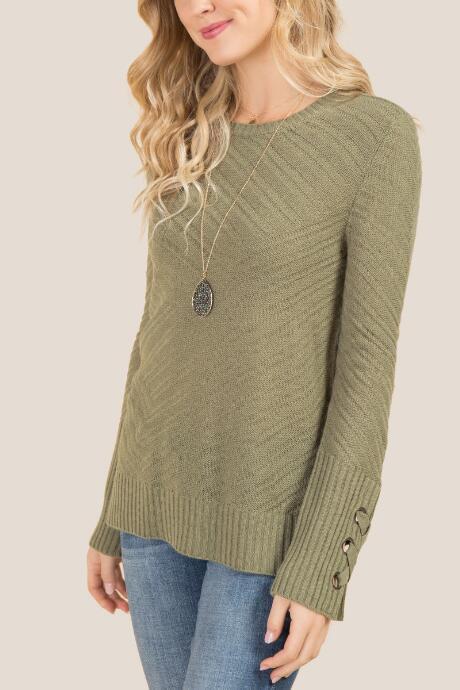 Francesca's Neva Lattice Sleeve Pullover Sweater - Dark Olive