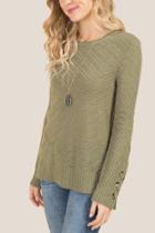 Francesca's Neva Lattice Sleeve Pullover Sweater - Dark Olive