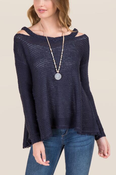 Blue Rain Cora Fringe Trim Pullover Sweater - Navy