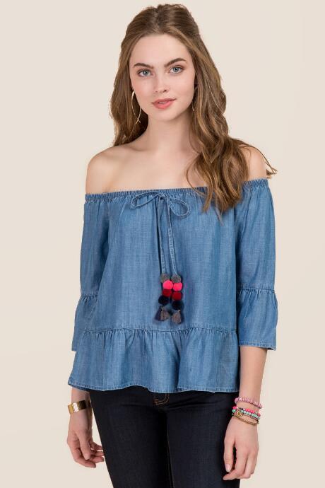 Francesca's Xandra Off The Shoulder Tassel Top - Lite