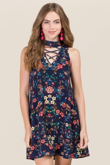 Blue Rain Jensen Gigi Lattice Floral Shift Dress - Navy