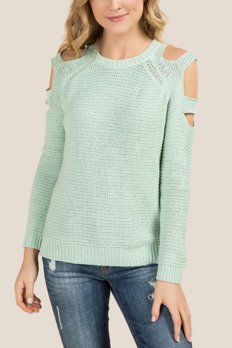 Francesca's Elle Slashed Cold Shoulder Sweater - Mint