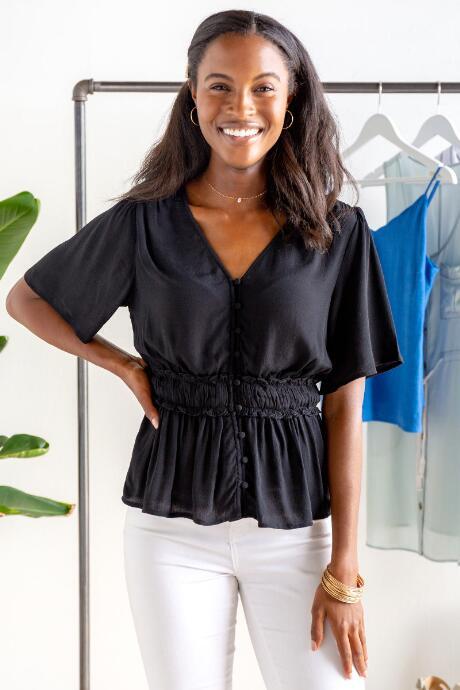 Francesca's Whitney Smocked Waist Blouse - Black