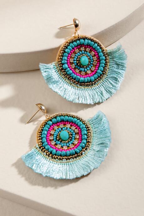 Francesca's Casey Beaded Tassel Statement Earrings - Turquoise
