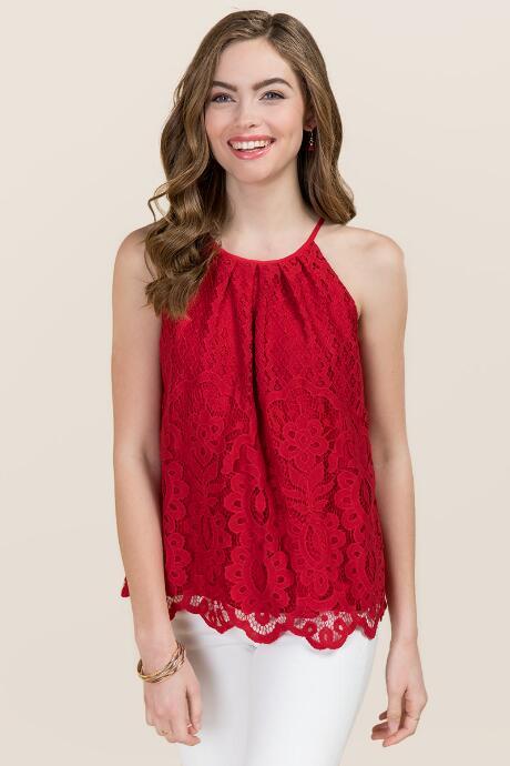 Blue Rain Carlene Lace Scallop Hem High Neck Tank - Red