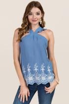 Francesca's Dana Ruffled Y Neck Embroidered Tank - Chambray