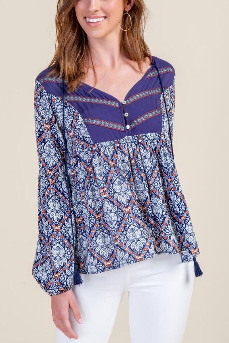 Francesca's Shelby Patchwork Blouse - Navy