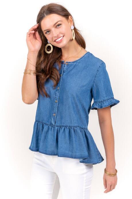 Francesca's Elise Ruffle Sleeve Peplum Top - Medium Wash