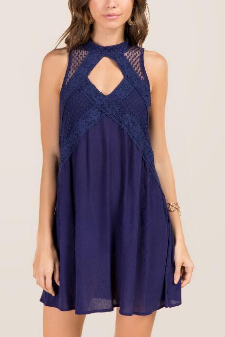 Francesca Inchess Leona Keyhole Lace Trim Shift Dress - Navy