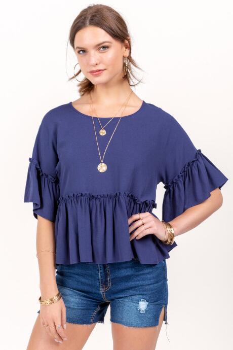 Francesca's Caylee Peplum Ruffle Sleeve Blouse - Navy