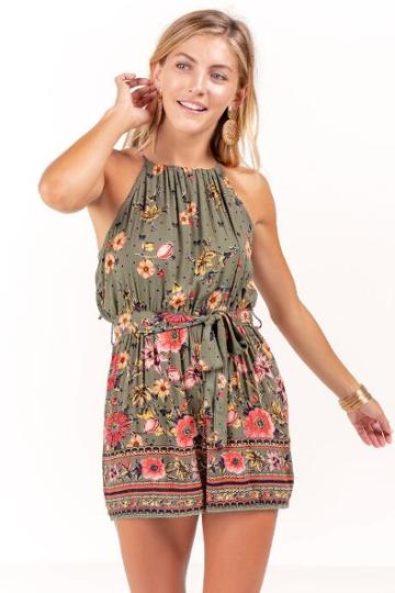 Star Of India Fashions Delilah Floral Border Print Romper - Olive