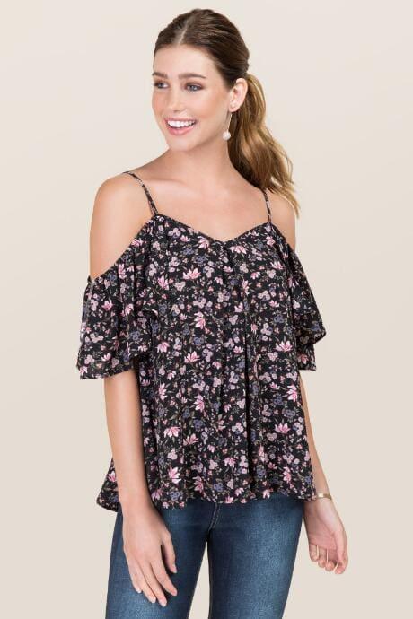 Blue Rain Halley Floral Cold Shoulder Top - Black