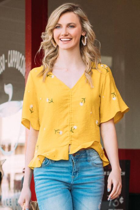 Francesca Inchess Tasha Shirred Front Floral Embroidered Blouse - Marigold