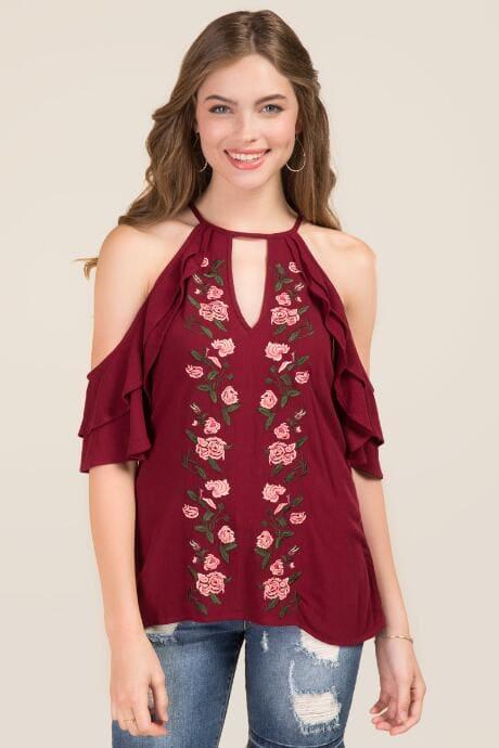 Blue Rain Savannah Embroidered Ruffle Cold Shoulder Top - Wine